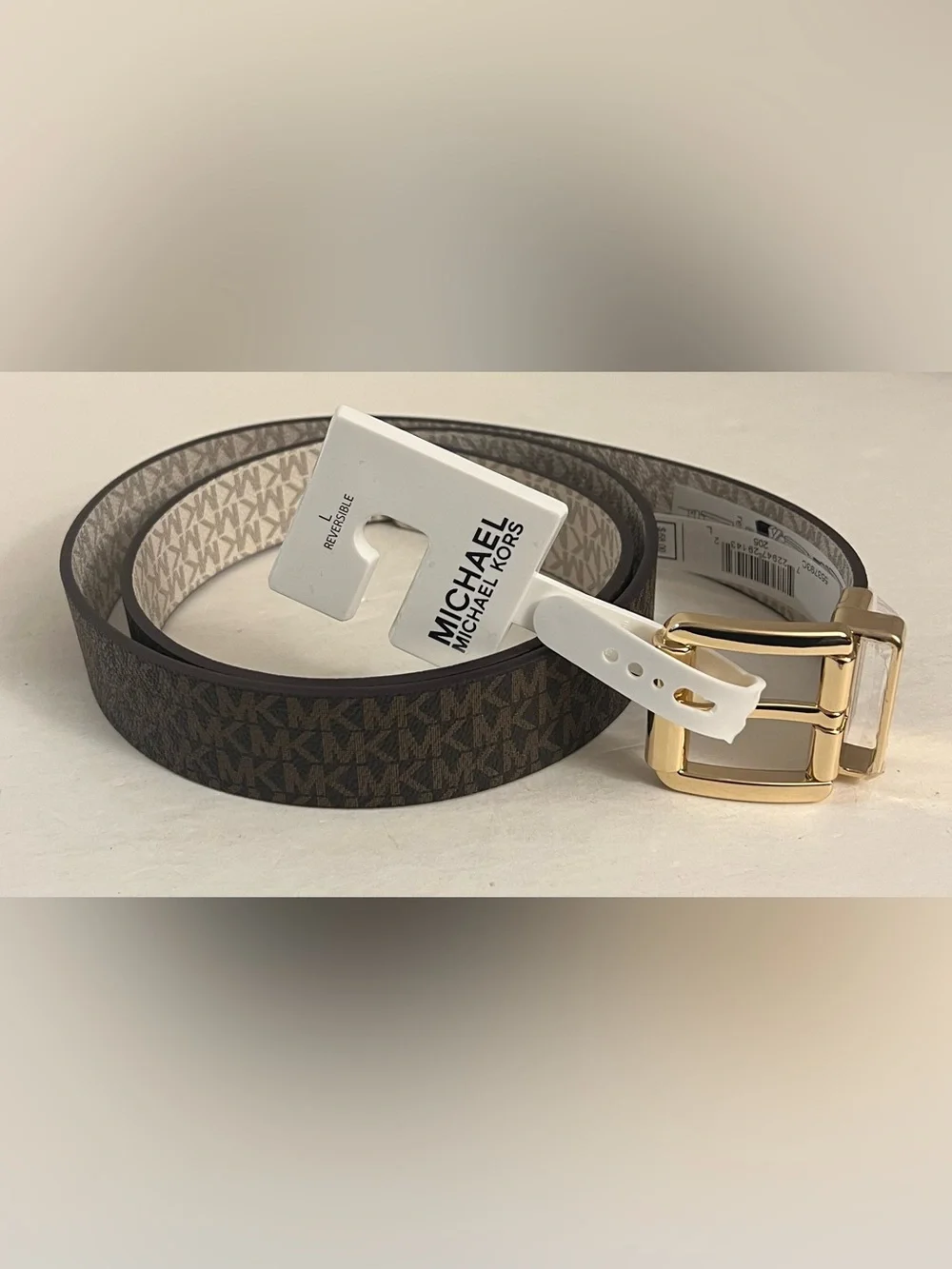 Michael Kors Reversible Logo Belt in Brown and Beige with Gold Buckle